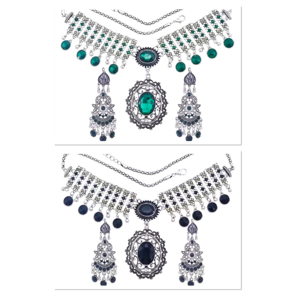 Antique Silver Gemstones Necklace and Earrings Set